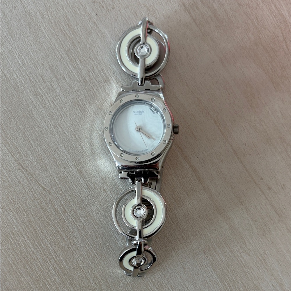 Swatch Watch Silver and Cream Watch with Circular Accents
